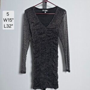 Crystal Doll Dress Juniors 5 Black Gold Sparkle Ruched Bodycon Long Sleeve Mini